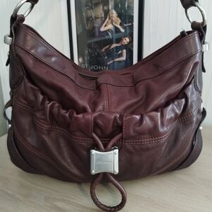 B Makowsky Rich Plum Wine Leather Drawstring Pocket Hobo Shoulder Bag